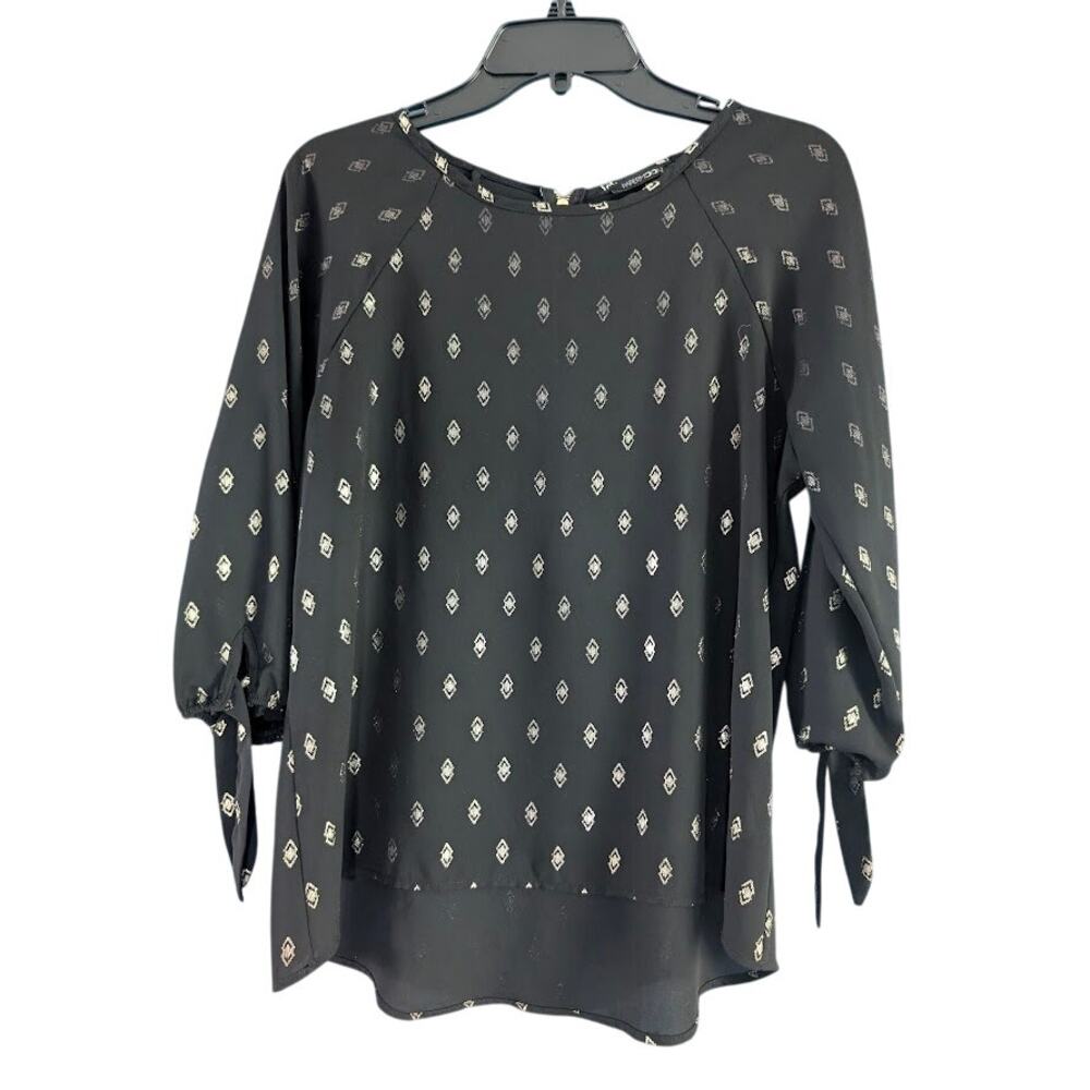 Papermoon Top Women's S Black Sheer Scoop Neck Gold Pattern 3/4 Sleeves